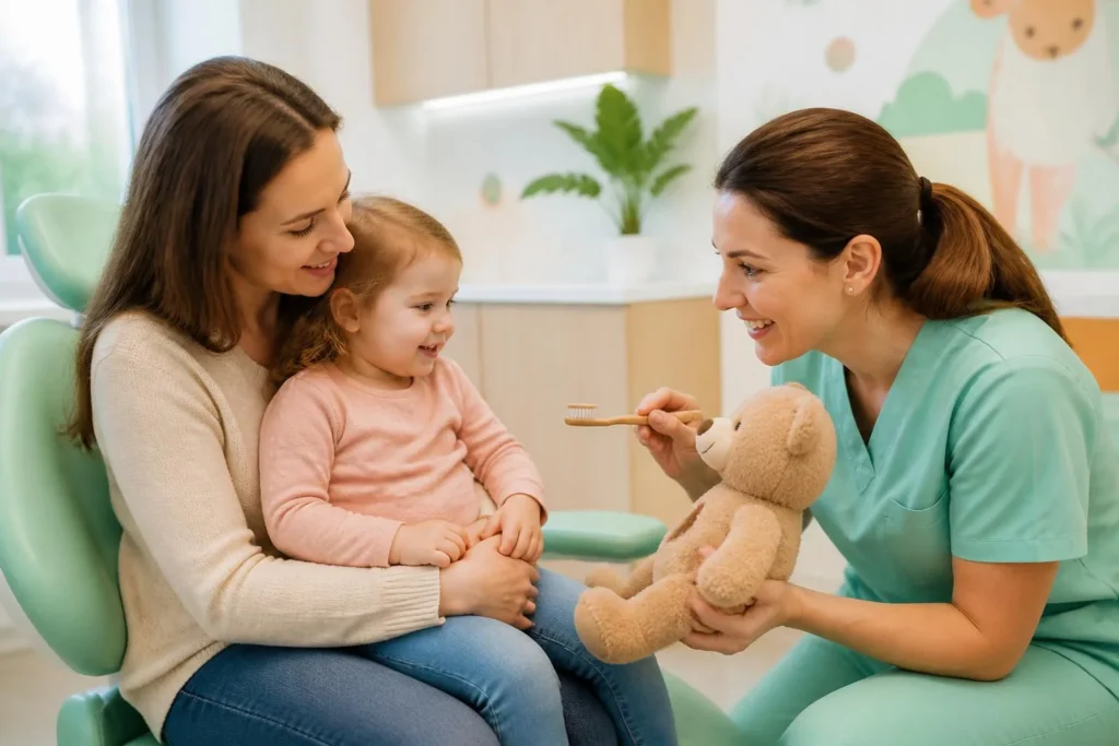 Première visite d’un tout-petit, rassuré sur les genoux de sa mère