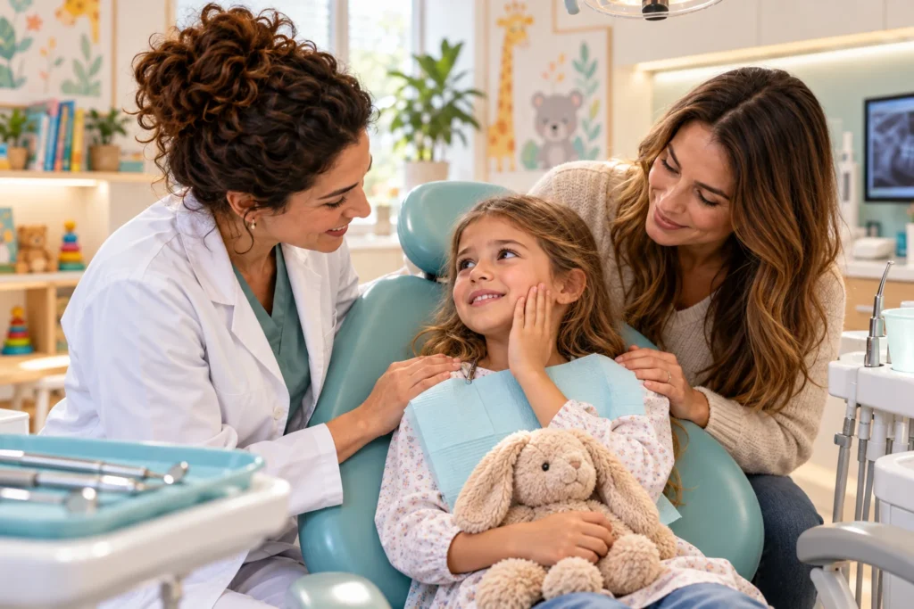 Parent et dentiste rassurant une enfant lors d’un problème dentaire