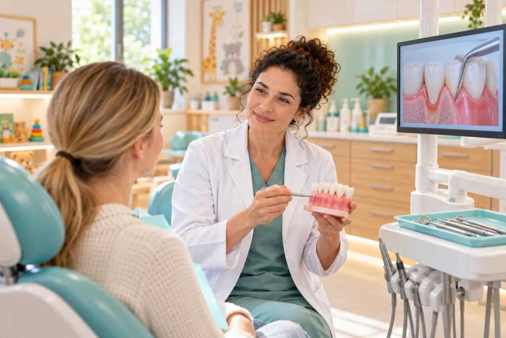 Dentiste expliquant la santé gingivale et les gestes de prévention
