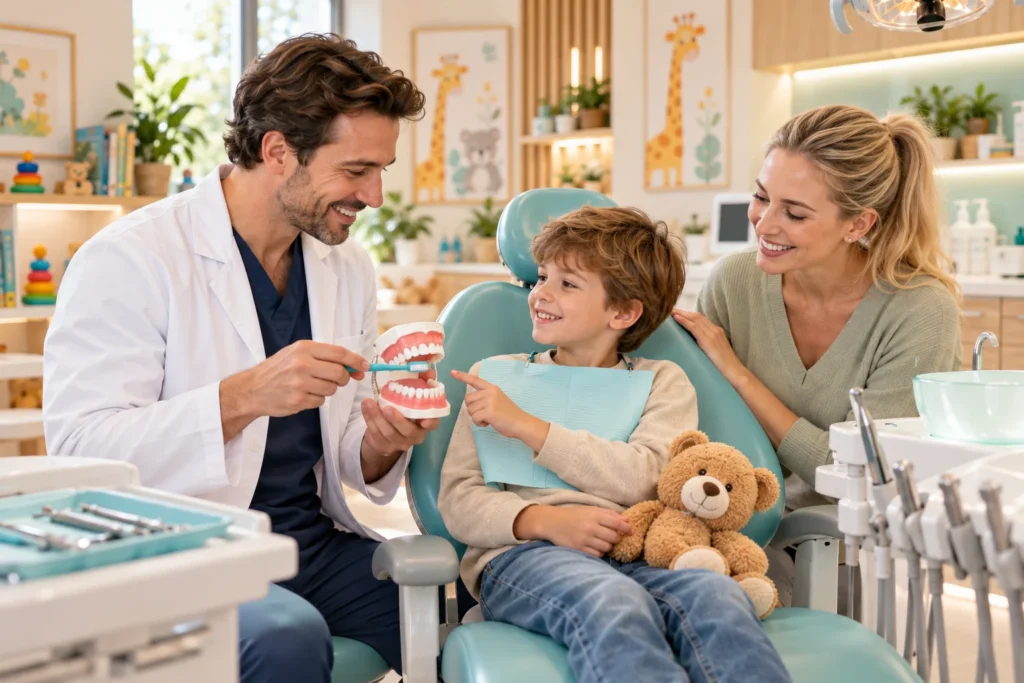 Enfant apprenant les bons gestes d’hygiène avec un dentiste et son parent