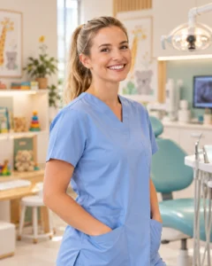 Portrait d’une assistante dentaire souriante en clinique pédiatrique